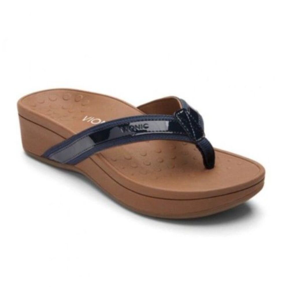 Vionic Women's High Tide Navy Patent Leather Toe Post Platform Sandal Size 10